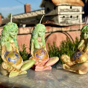 Handcrafted Earth Goddess Candle  - Green, Gold, Pink
